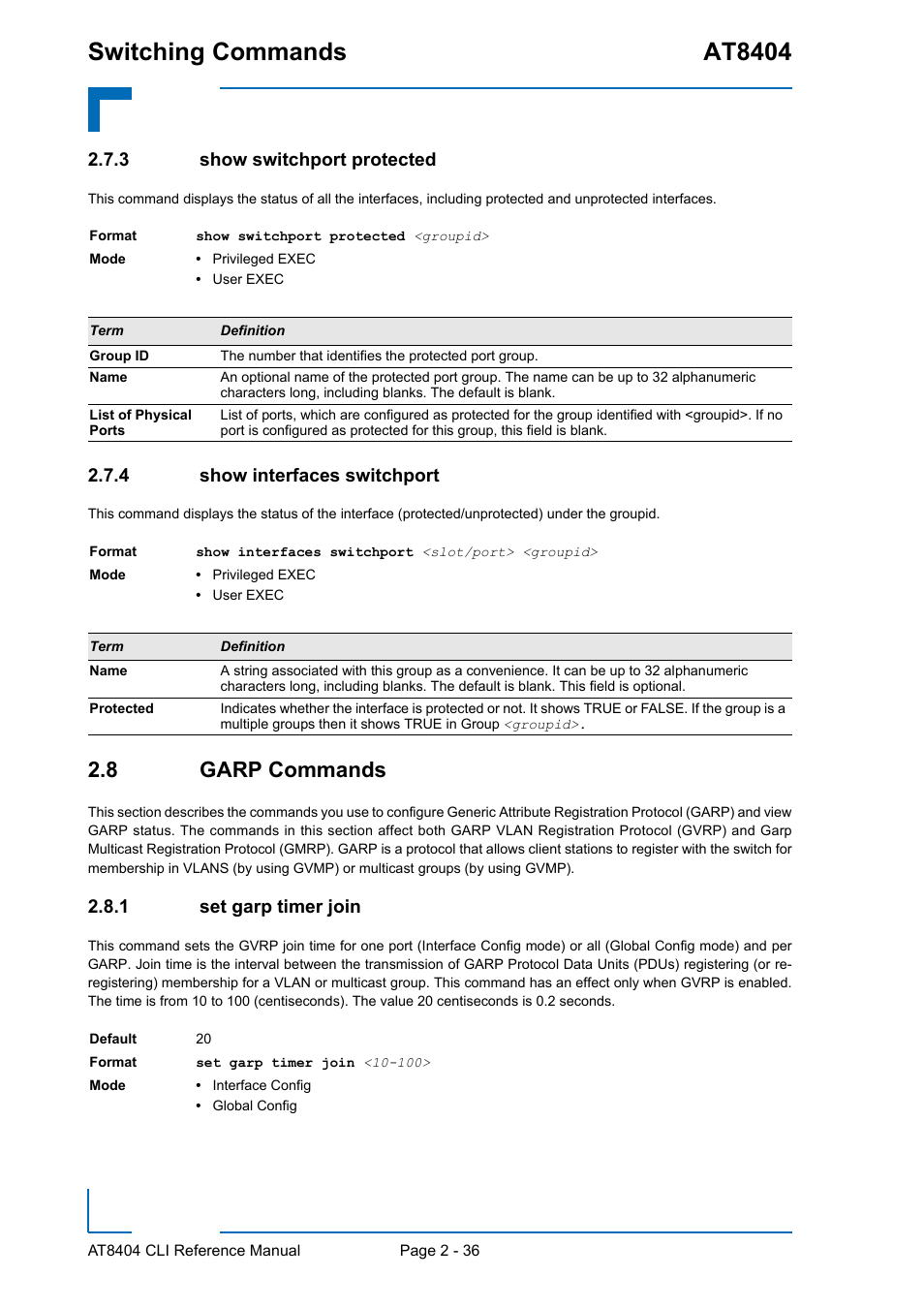 3 show switchport protected, 4 show interfaces switchport, 8 garp commands | 1 set garp timer join, Show switchport protected - 36, Show interfaces switchport - 36, 8 garp commands - 36, Set garp timer join - 36, Switching commands at8404 | Kontron AT8404 CLI User Manual | Page 72 / 373