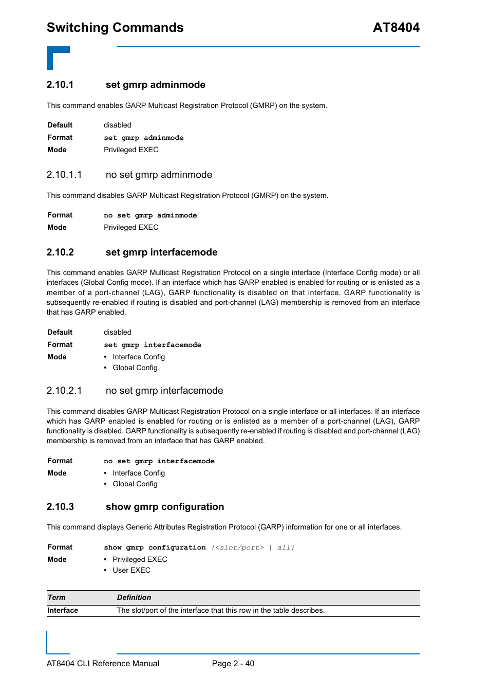 1 set gmrp adminmode, 1 no set gmrp adminmode, 2 set gmrp interfacemode | 1 no set gmrp interfacemode, 3 show gmrp configuration, Set gmrp adminmode - 40, Set gmrp interfacemode - 40, Show gmrp configuration - 40, Switching commands at8404 | Kontron AT8404 CLI User Manual | Page 76 / 373
