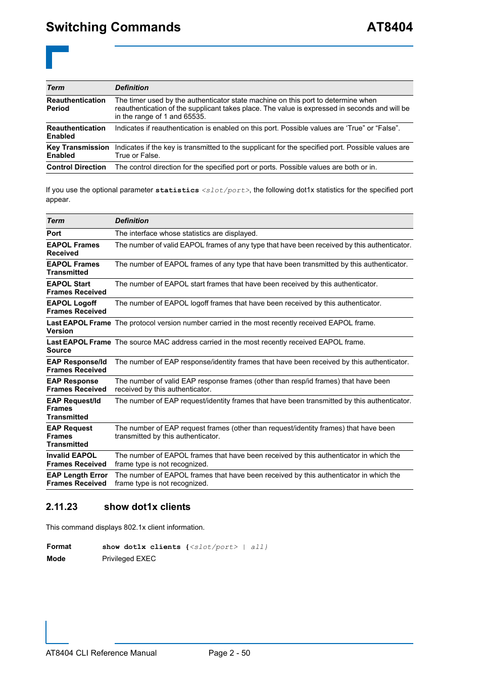 23 show dot1x clients, 23 show dot1x clients - 50, Switching commands at8404 | Kontron AT8404 CLI User Manual | Page 86 / 373