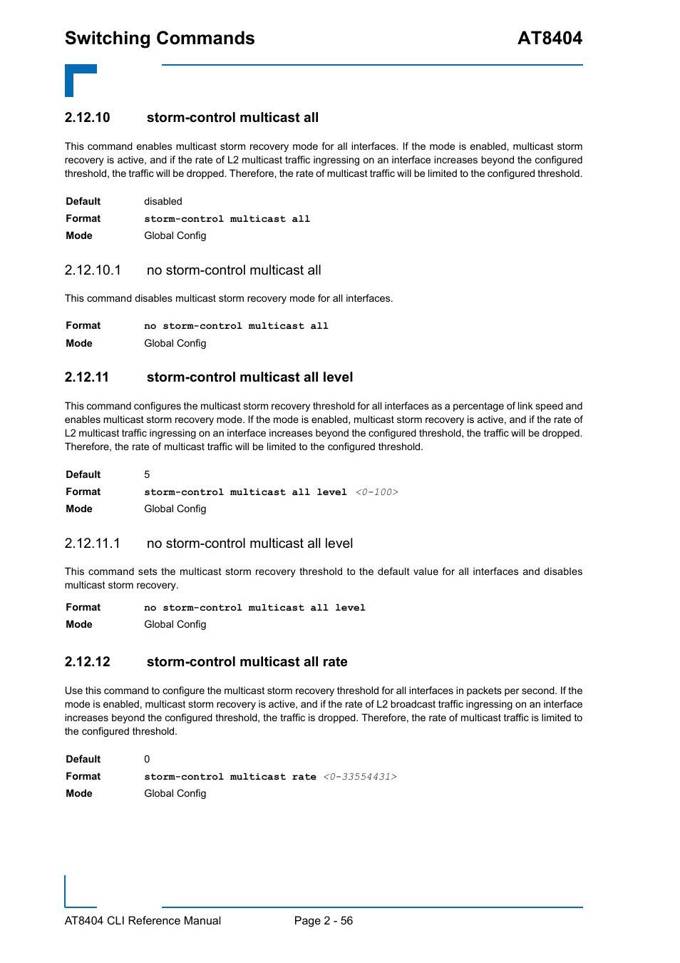 10 storm-control multicast all, 1 no storm-control multicast all, 11 storm-control multicast all level | 1 no storm-control multicast all level, 12 storm-control multicast all rate, Switching commands at8404 | Kontron AT8404 CLI User Manual | Page 92 / 373