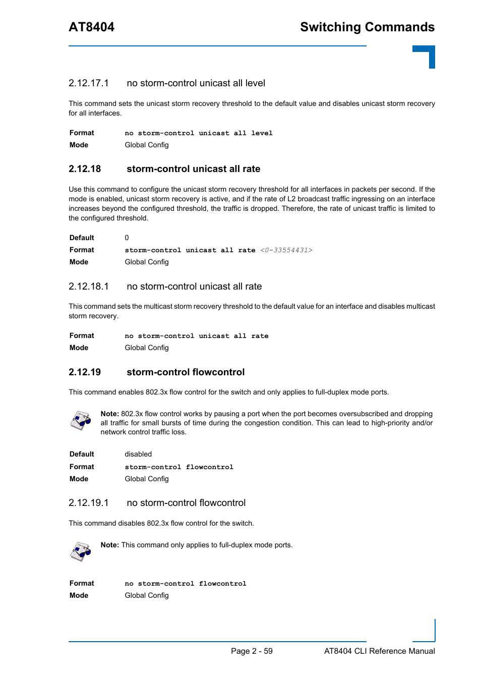 1 no storm-control unicast all level, 18 storm-control unicast all rate, 1 no storm-control unicast all rate | 19 storm-control flowcontrol, 1 no storm-control flowcontrol, At8404 switching commands | Kontron AT8404 CLI User Manual | Page 95 / 373