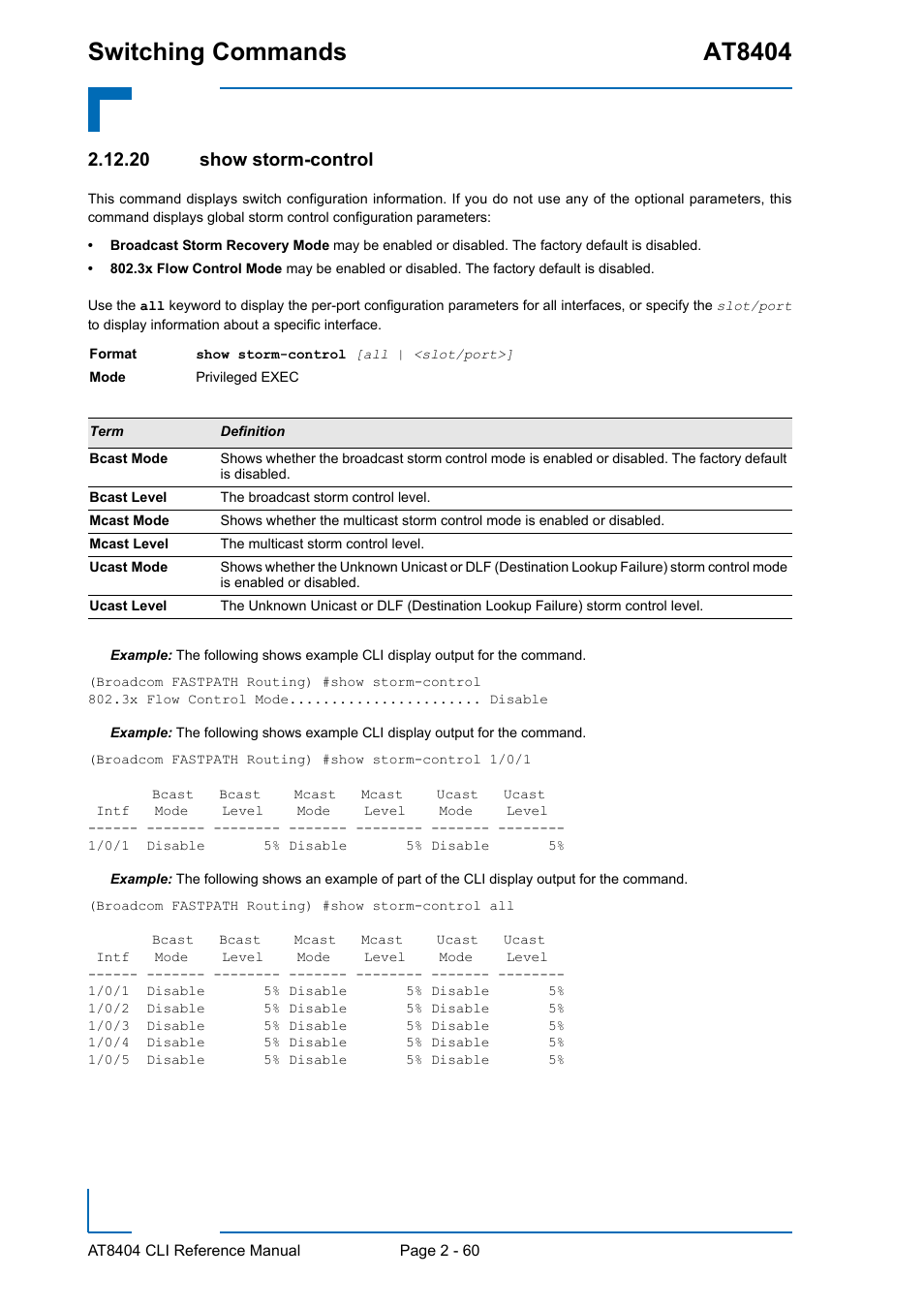 20 show storm-control, 20 show storm-control - 60, Switching commands at8404 | Kontron AT8404 CLI User Manual | Page 96 / 373