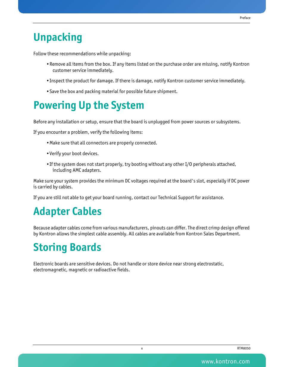 Unpacking, Powering up the system, Adapter cables | Storing boards | Kontron RTM8050 User Manual | Page 11 / 37