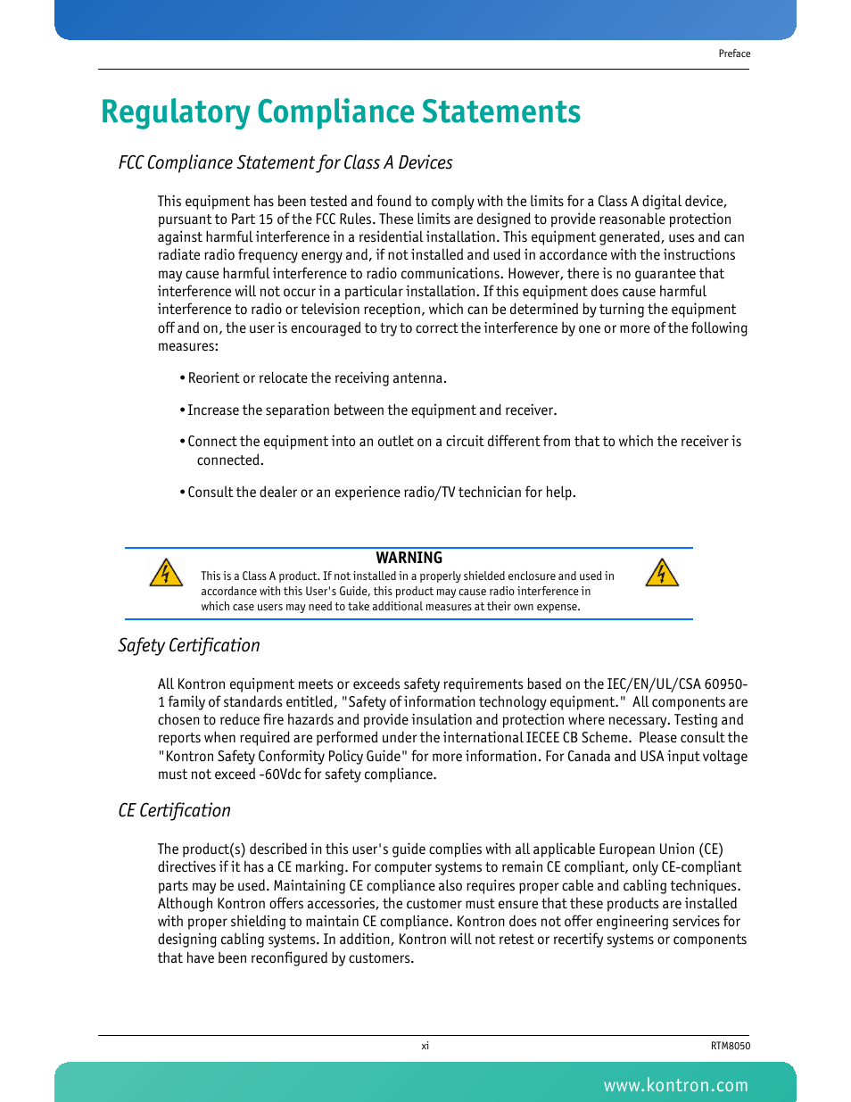 Regulatory compliance statements | Kontron RTM8050 User Manual | Page 12 / 37