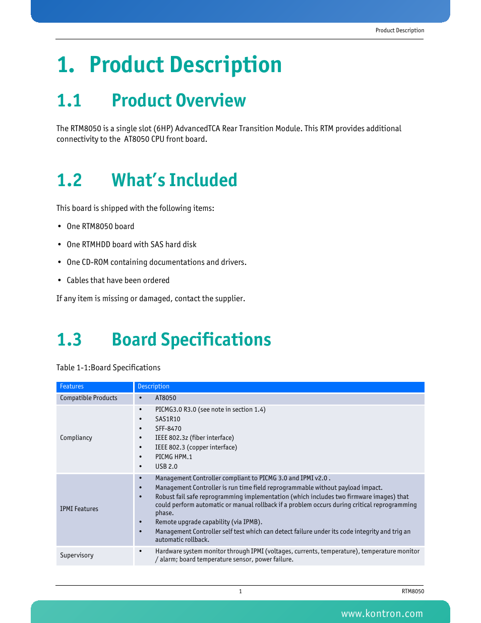 Product description, 1 product overview, 2 what’s included | 3 board specifications, Table 1-1 board specifications | Kontron RTM8050 User Manual | Page 14 / 37