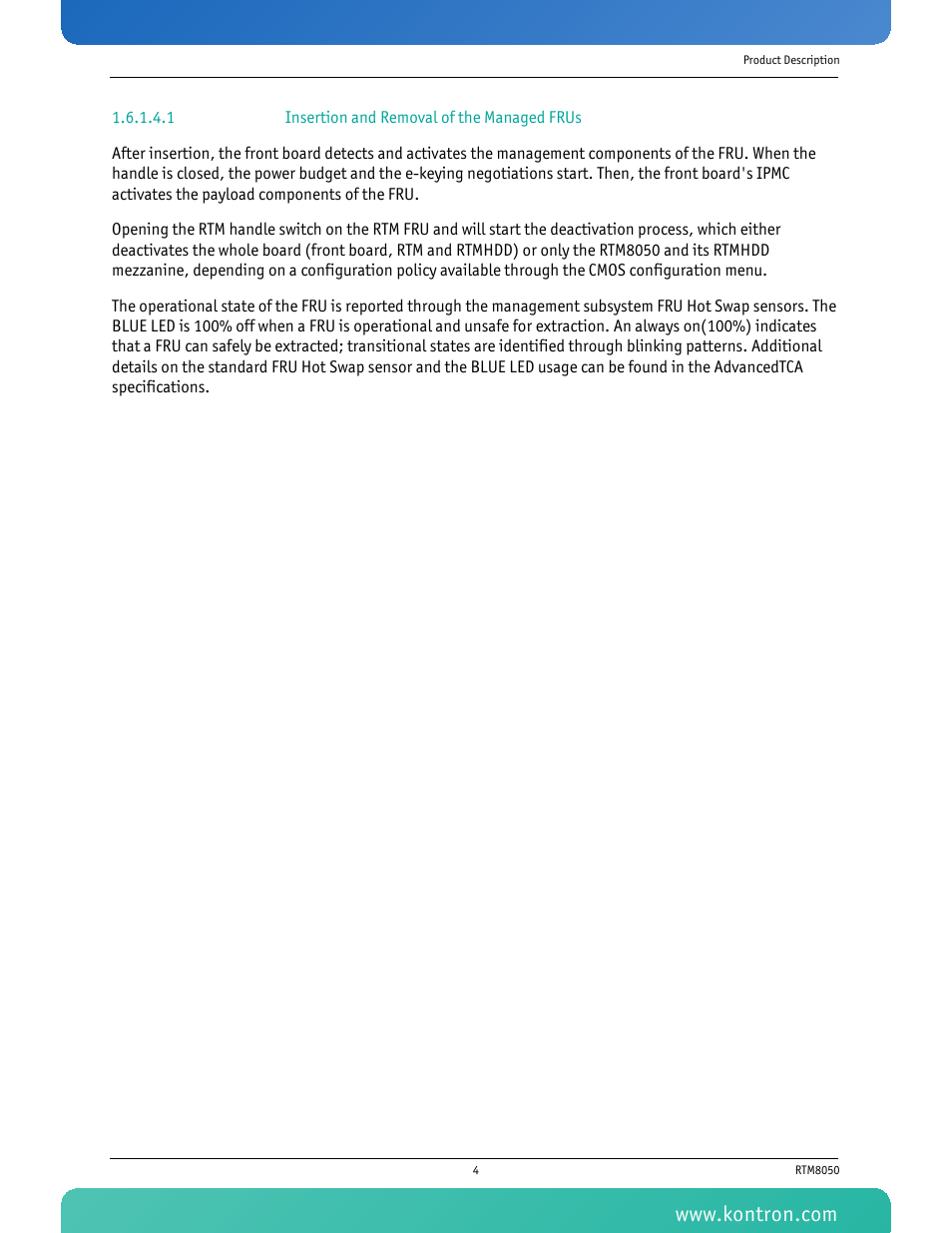 1 insertion and removal of the managed frus | Kontron RTM8050 User Manual | Page 17 / 37