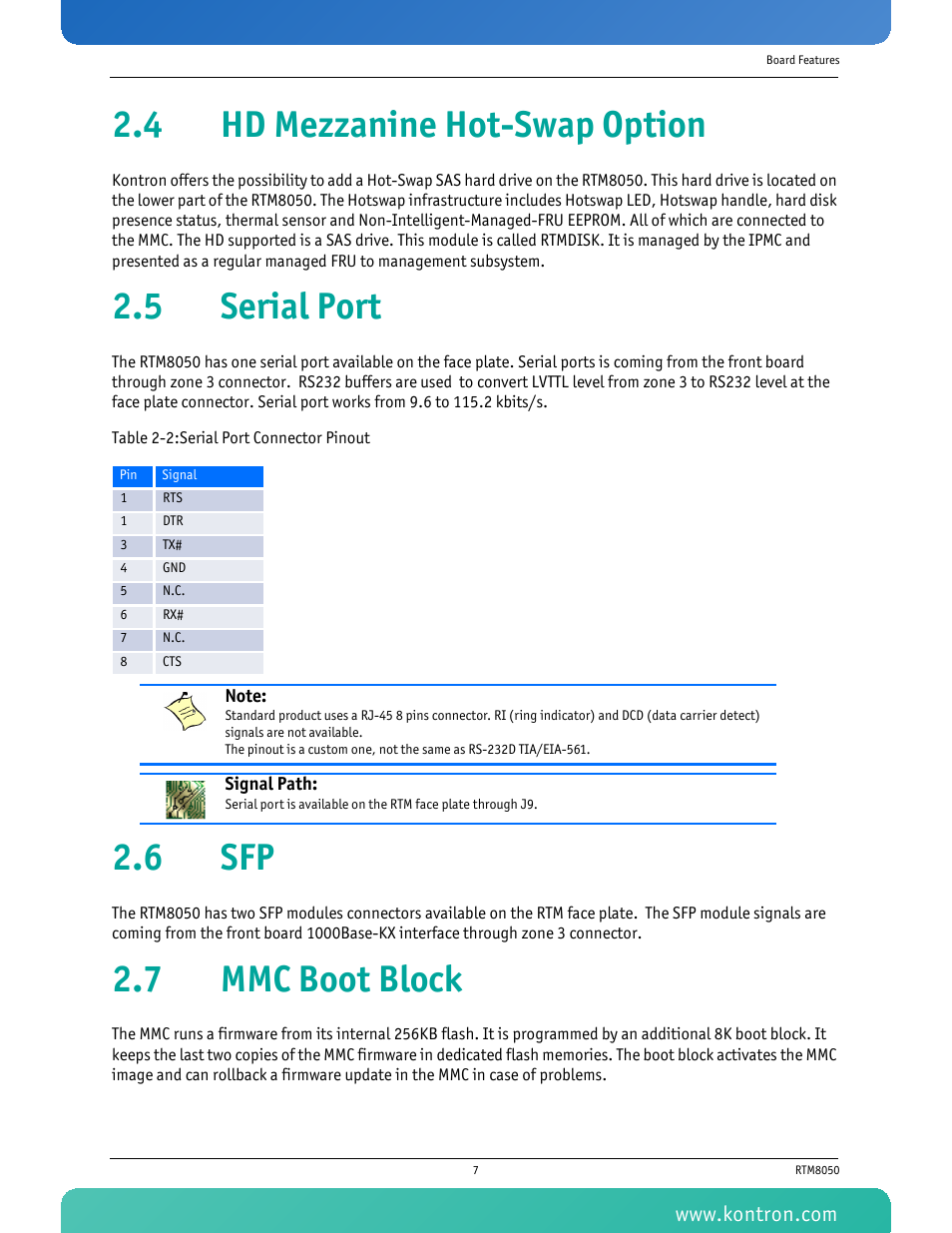 4 hd mezzanine hot-swap option, 5 serial port, 6 sfp | 7 mmc boot block, Table 2-2 serial port connector pinout | Kontron RTM8050 User Manual | Page 20 / 37