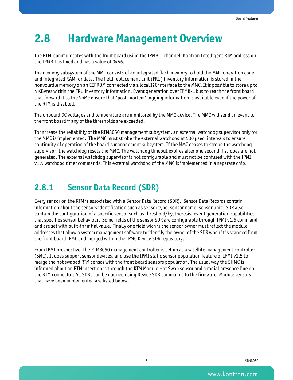8 hardware management overview, 1 sensor data record (sdr), Sensor data record (sdr) | Kontron RTM8050 User Manual | Page 21 / 37