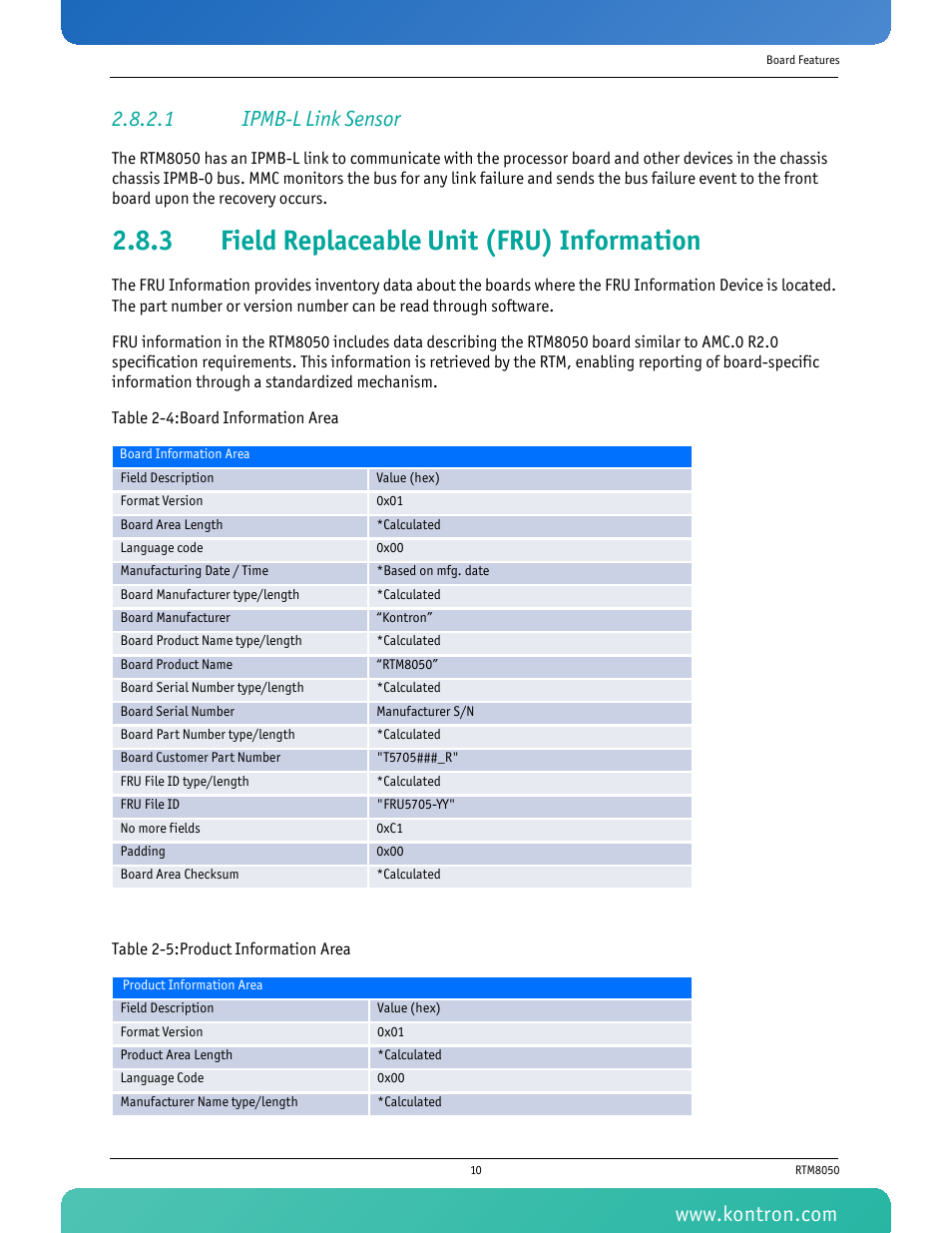 1 ipmb-l link sensor, 3 field replaceable unit (fru) information, Field replaceable unit (fru) information | Kontron RTM8050 User Manual | Page 23 / 37