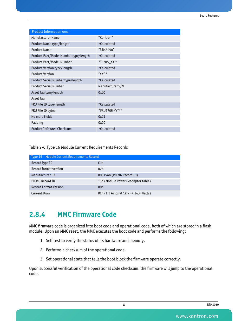 4 mmc firmware code, Mmc firmware code | Kontron RTM8050 User Manual | Page 24 / 37