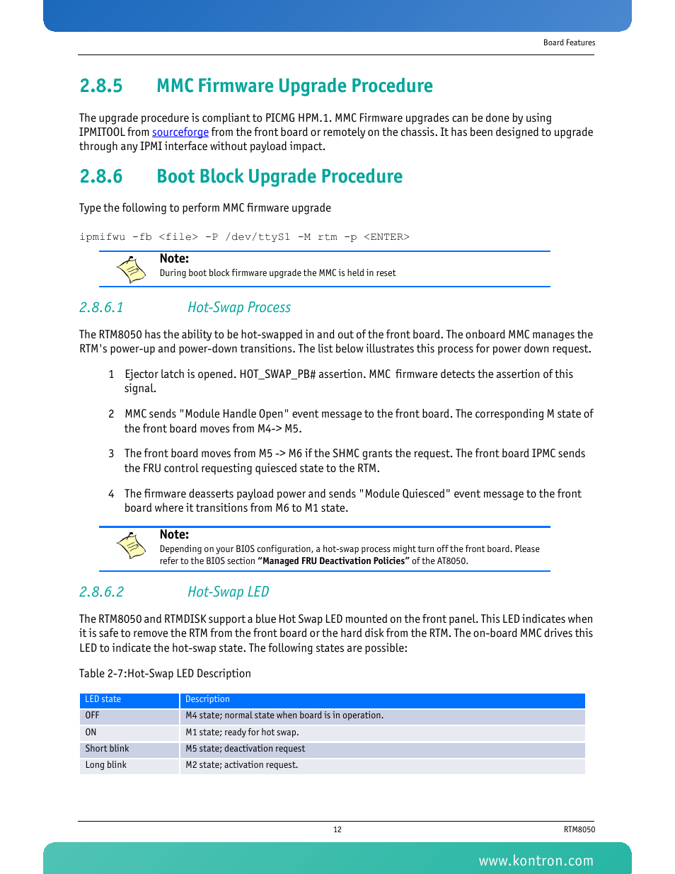 5 mmc firmware upgrade procedure, 6 boot block upgrade procedure, 1 hot-swap process | 2 hot-swap led, Mmc firmware upgrade procedure, Boot block upgrade procedure, Table 2-7 hot-swap led description | Kontron RTM8050 User Manual | Page 25 / 37
