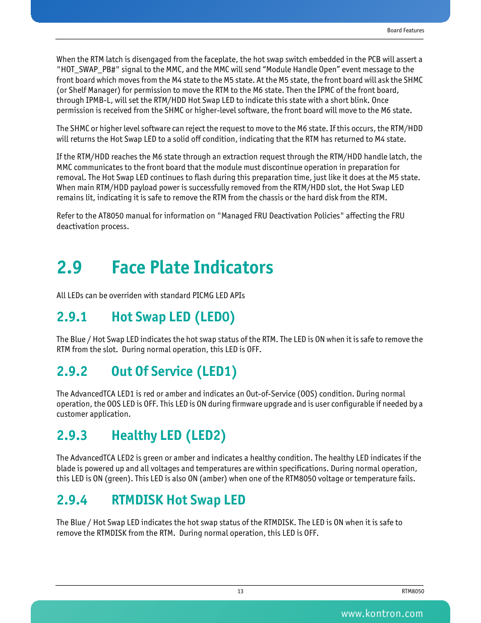 9 face plate indicators, 1 hot swap led (led0), 2 out of service (led1) | 3 healthy led (led2), 4 rtmdisk hot swap led, Hot swap led (led0), Out of service (led1), Healthy led (led2), Rtmdisk hot swap led | Kontron RTM8050 User Manual | Page 26 / 37