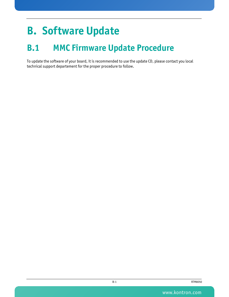 B. software update, B.1 mmc firmware update procedure | Kontron RTM8050 User Manual | Page 33 / 37