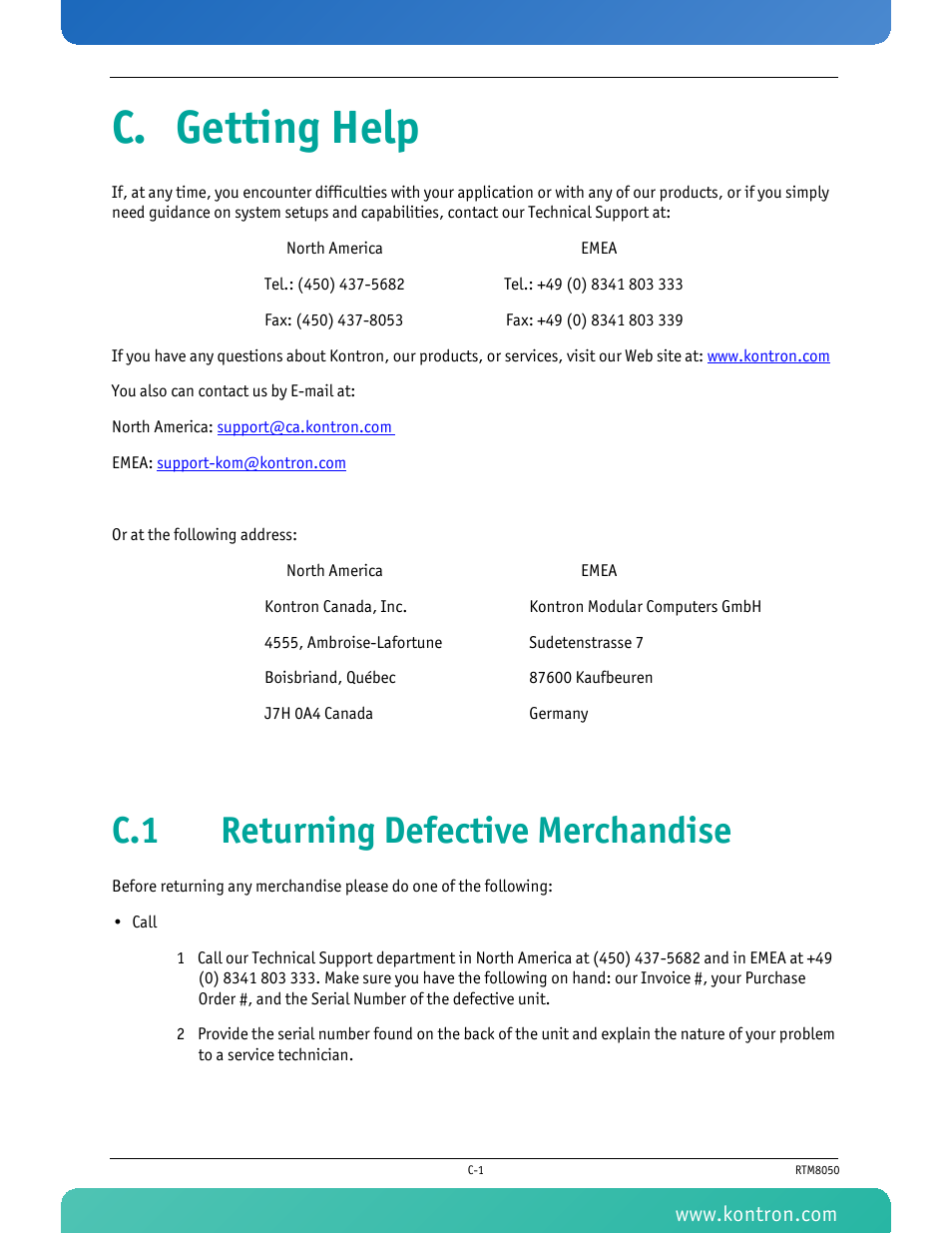 C. getting help, C.1 returning defective merchandise | Kontron RTM8050 User Manual | Page 34 / 37