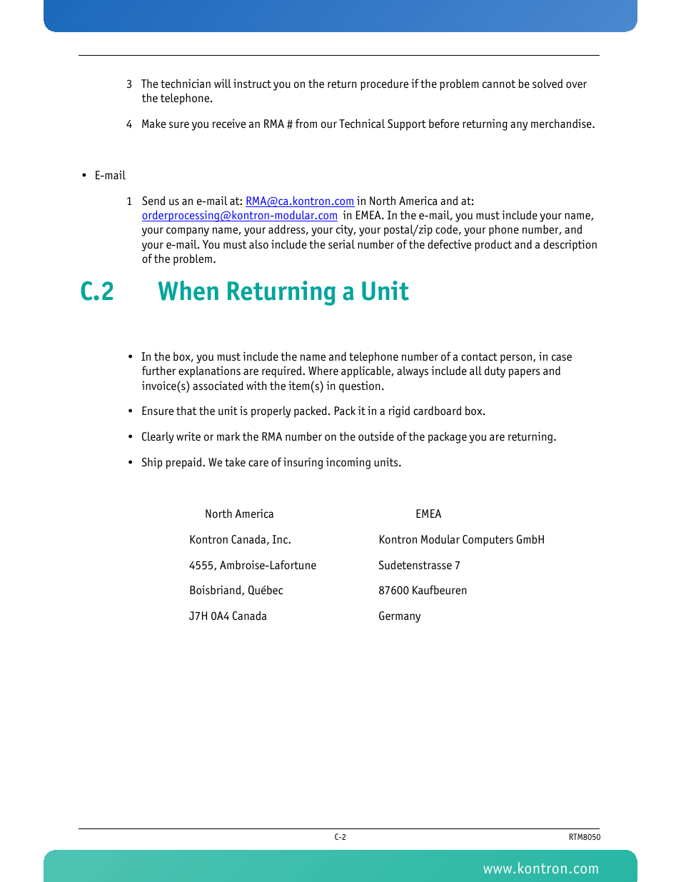 C.2 when returning a unit | Kontron RTM8050 User Manual | Page 35 / 37
