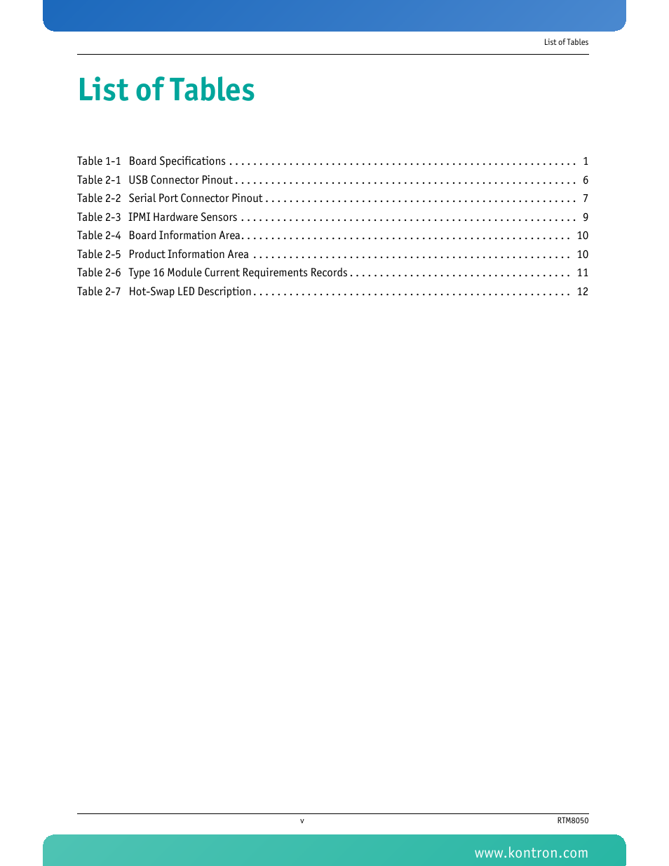List of tables | Kontron RTM8050 User Manual | Page 6 / 37