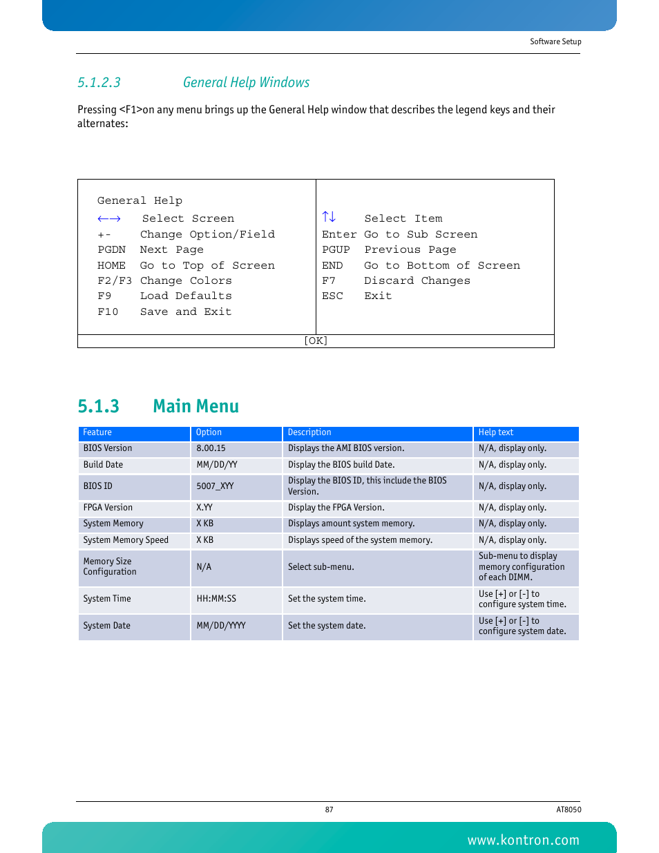 3 general help windows, 3 main menu, Main menu | Kontron AT8050 User Manual | Page 103 / 165