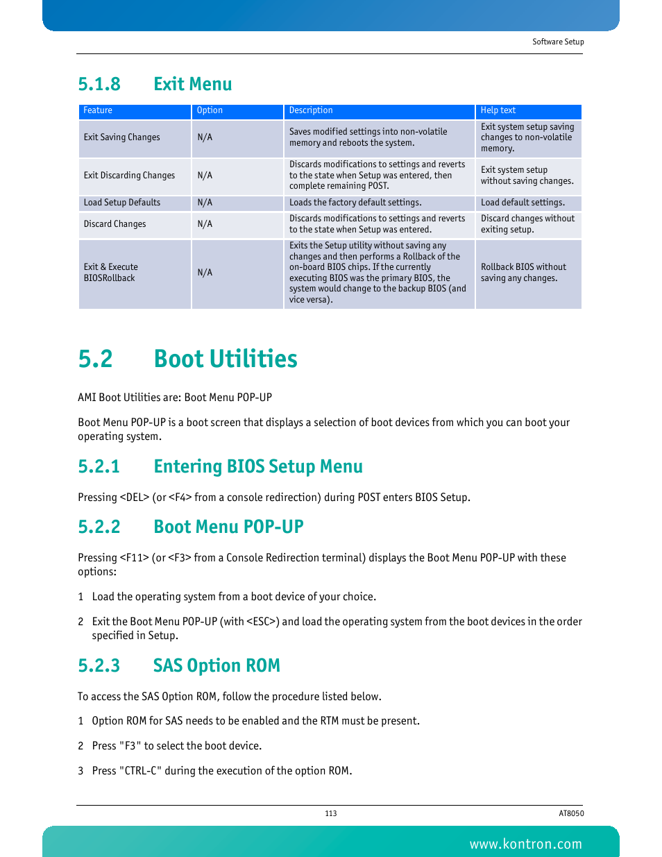 8 exit menu, 2 boot utilities, 1 entering bios setup menu | 2 boot menu pop-up, 3 sas option rom, Exit menu, Entering bios setup menu, Boot menu pop-up, Sas option rom | Kontron AT8050 User Manual | Page 129 / 165