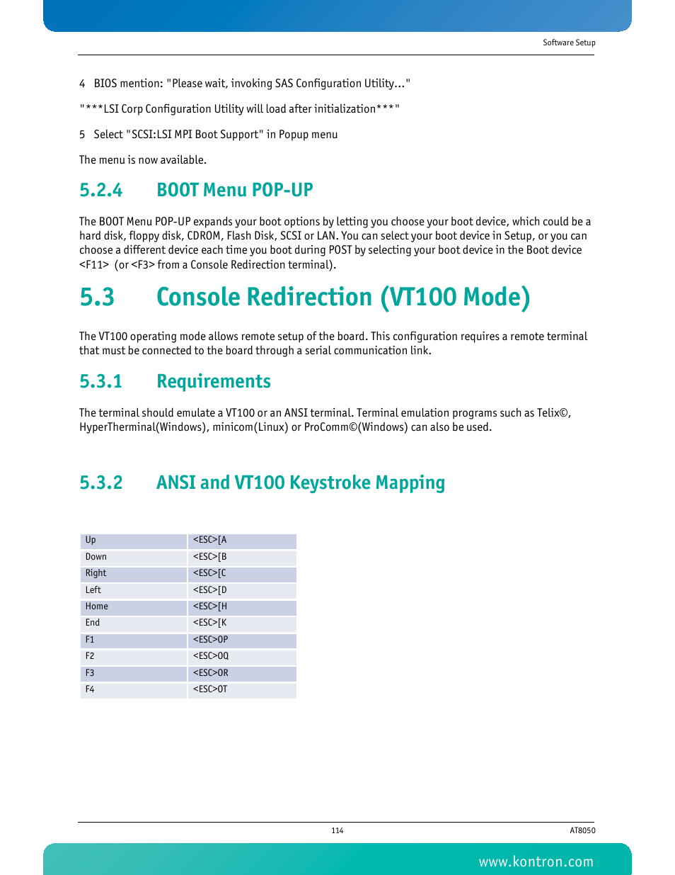 4 boot menu pop-up, 3 console redirection (vt100 mode), 1 requirements | 2 ansi and vt100 keystroke mapping, Boot menu pop-up, Requirements, Ansi and vt100 keystroke mapping | Kontron AT8050 User Manual | Page 130 / 165