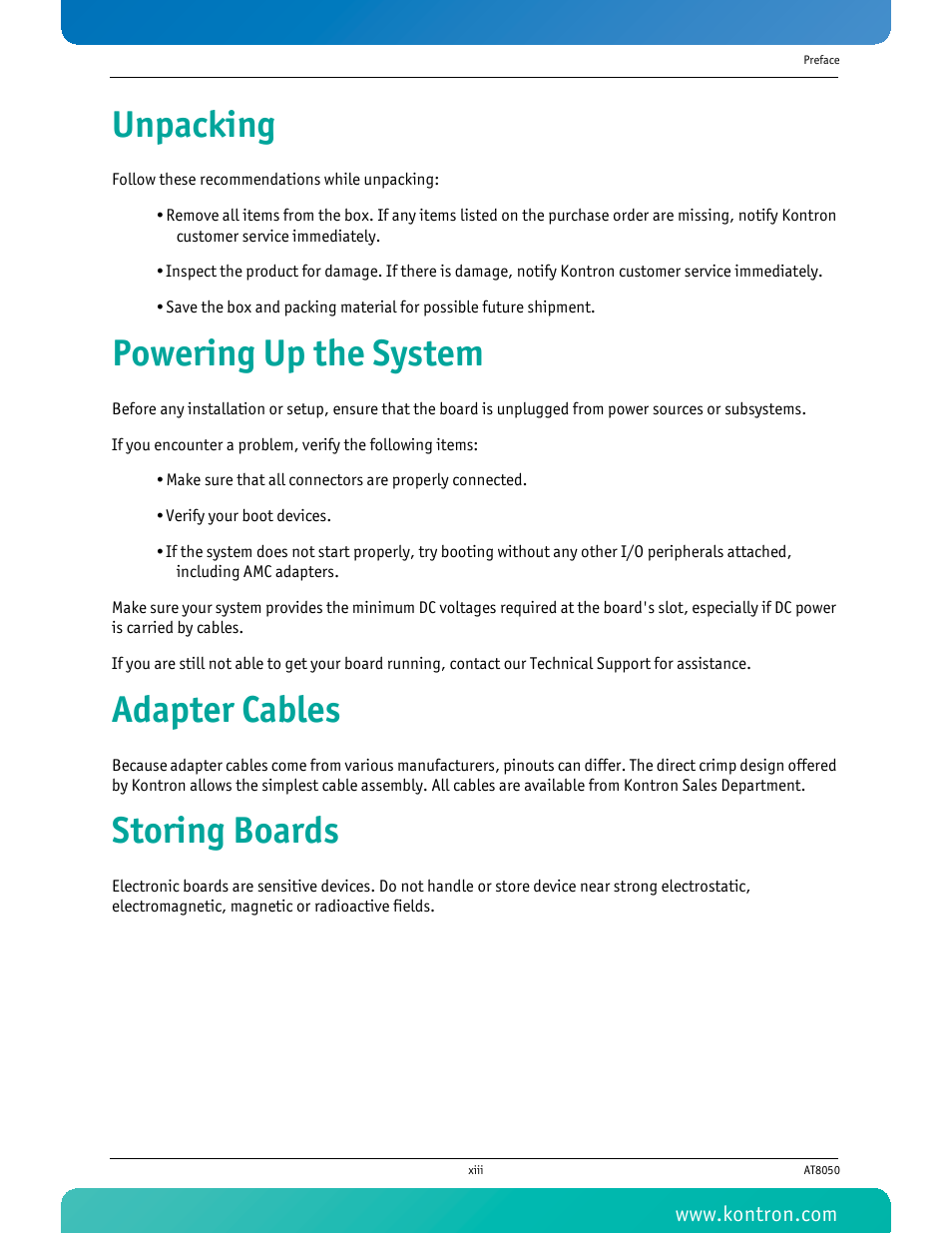 Unpacking, Powering up the system, Adapter cables | Storing boards | Kontron AT8050 User Manual | Page 14 / 165