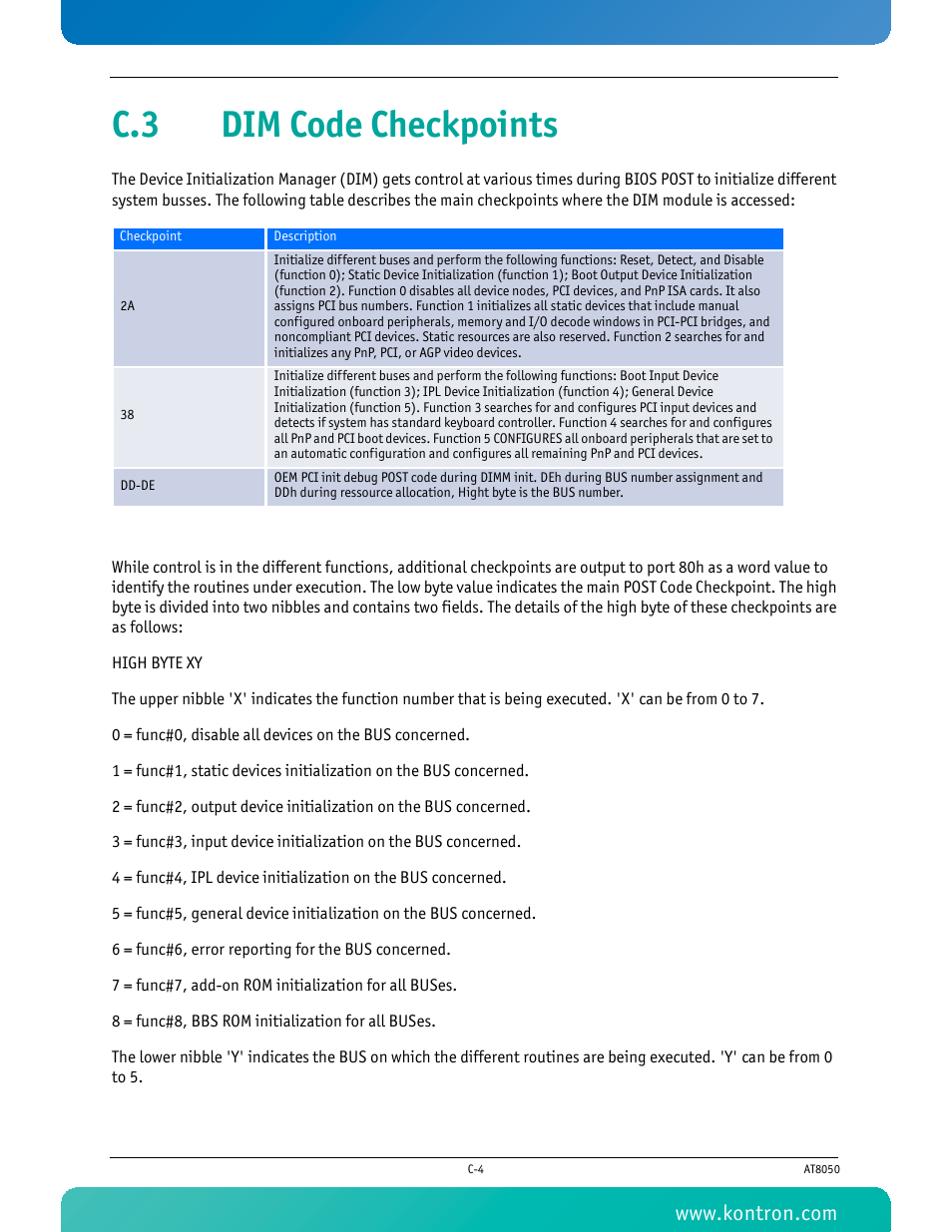 C.3 dim code checkpoints | Kontron AT8050 User Manual | Page 157 / 165