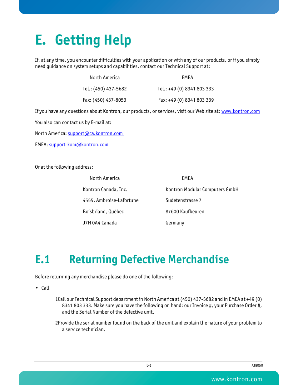 E. getting help, E.1 returning defective merchandise | Kontron AT8050 User Manual | Page 160 / 165