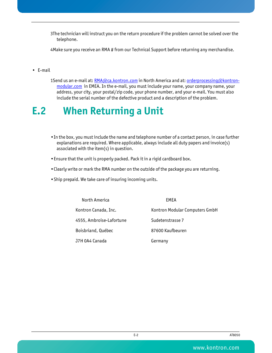 E.2 when returning a unit | Kontron AT8050 User Manual | Page 161 / 165
