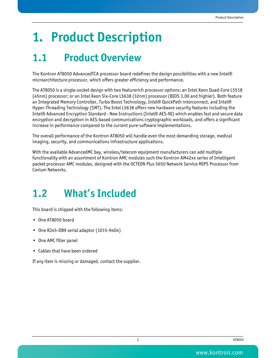 Product description, 1 product overview, 2 what’s included | 1 product overview 1.2 what’s included | Kontron AT8050 User Manual | Page 18 / 165