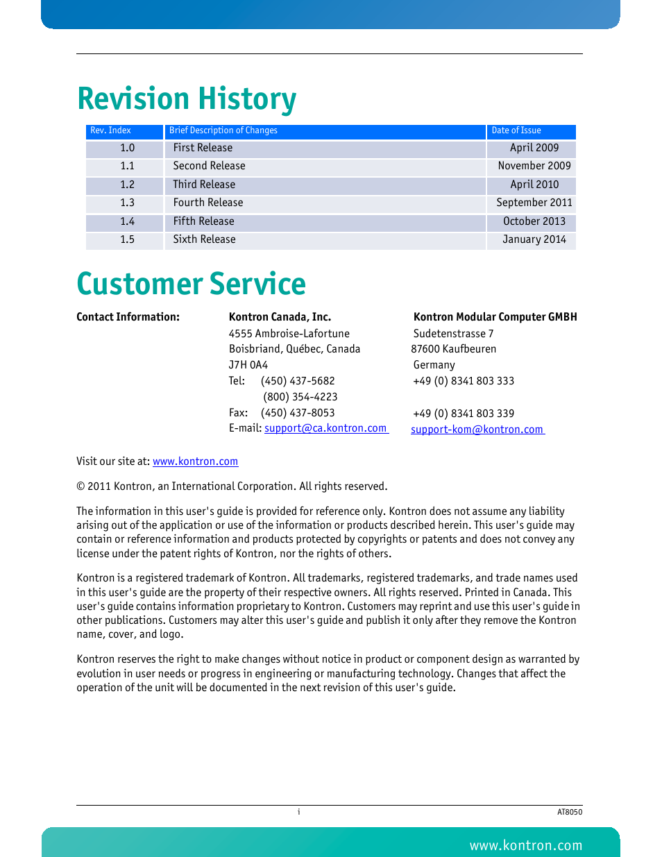 Revision history customer service | Kontron AT8050 User Manual | Page 2 / 165