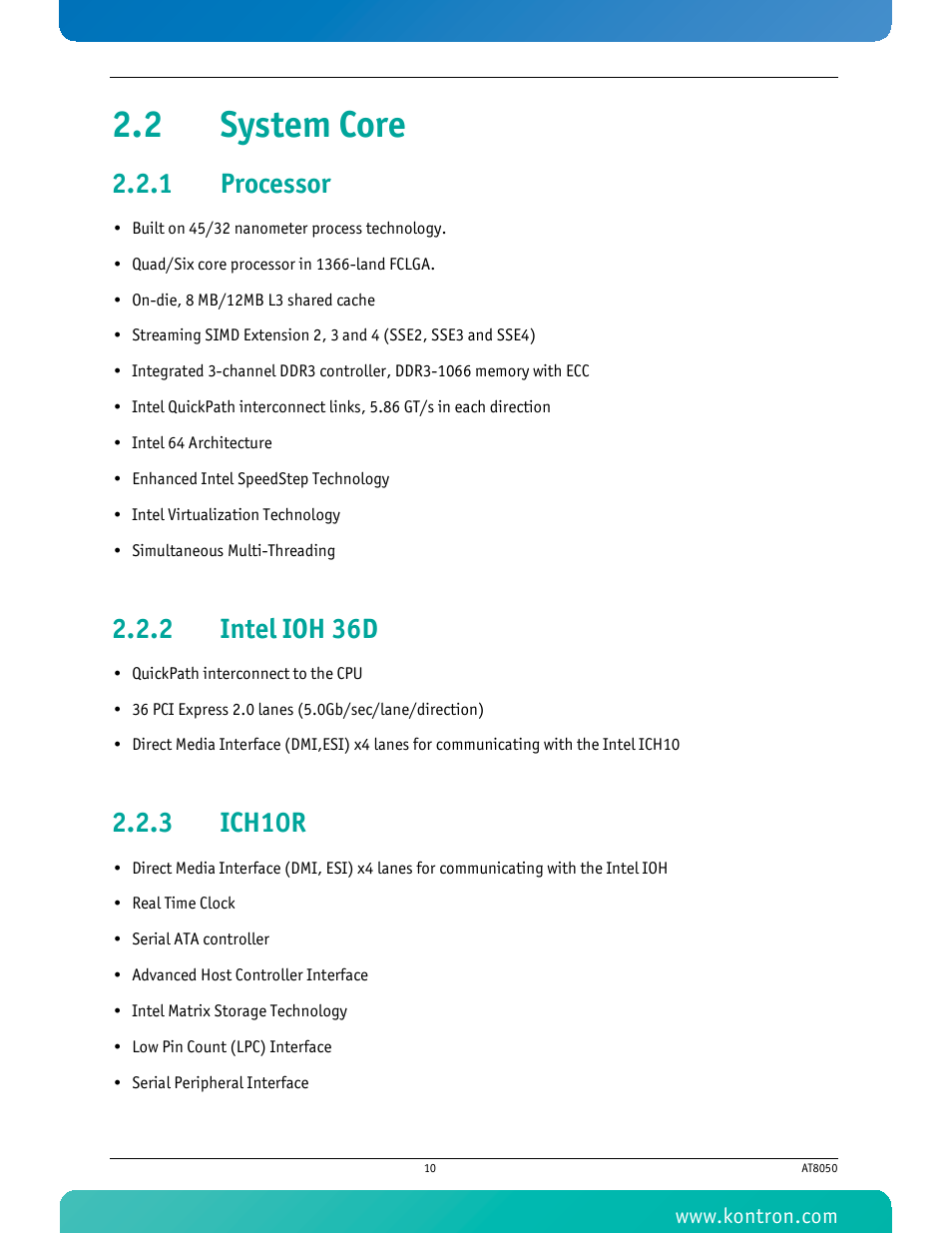2 system core, 1 processor, 2 intel ioh 36d | 3 ich10r, Processor, Intel ioh 36d, Ich10r | Kontron AT8050 User Manual | Page 26 / 165