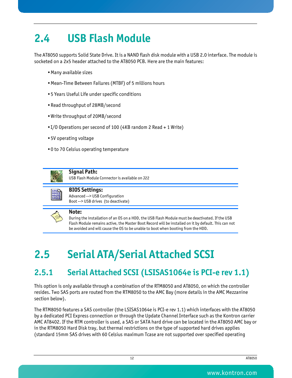 4 usb flash module, 5 serial ata/serial attached scsi | Kontron AT8050 User Manual | Page 28 / 165