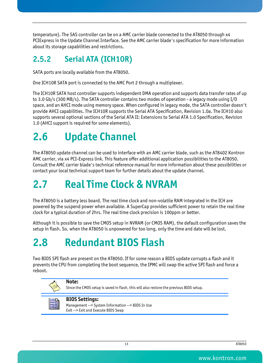 2 serial ata (ich10r), 6 update channel, 7 real time clock & nvram | 8 redundant bios flash, Serial ata (ich10r) | Kontron AT8050 User Manual | Page 29 / 165