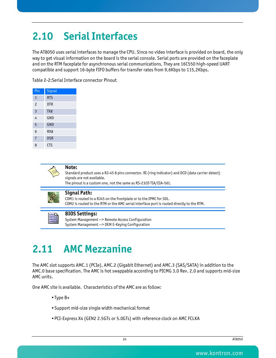 10 serial interfaces, 11 amc mezzanine, 10 serial interfaces 2.11 amc mezzanine | Table 2-2 serial interface connector pinout | Kontron AT8050 User Manual | Page 40 / 165