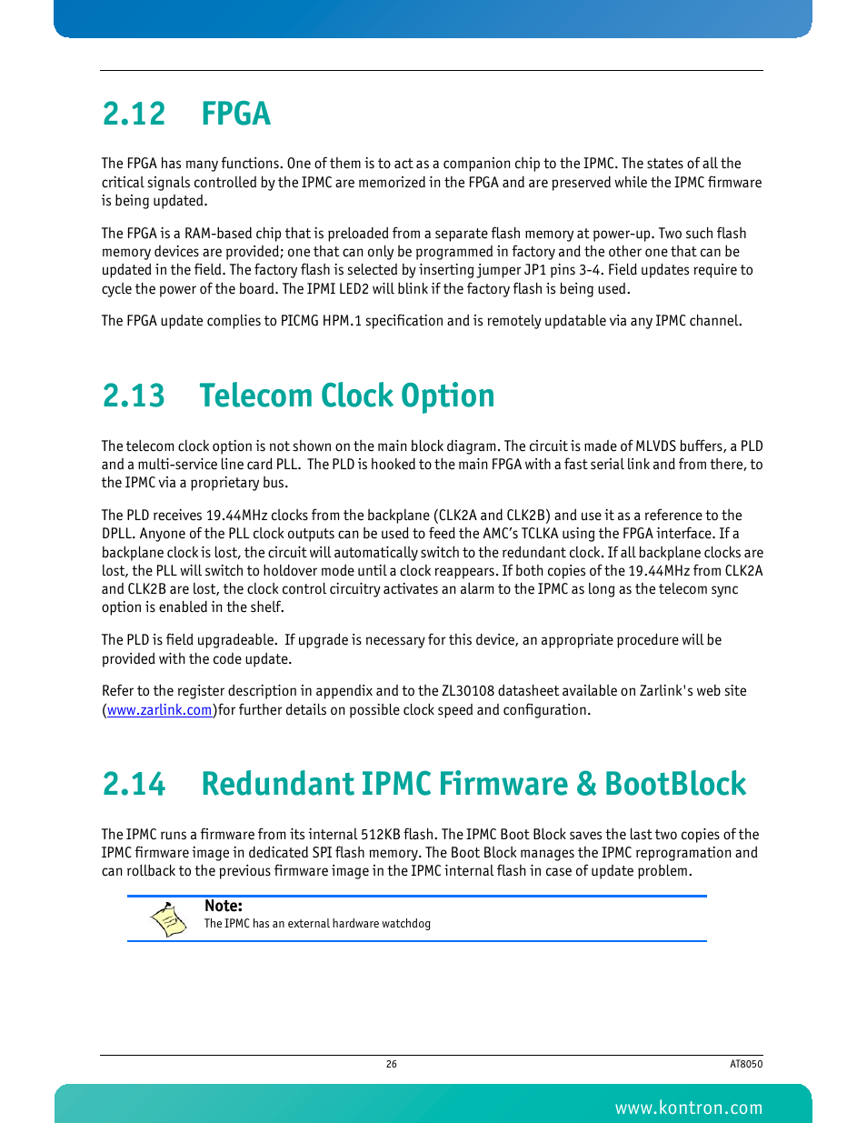 12 fpga, 13 telecom clock option, 14 redundant ipmc firmware & bootblock | Kontron AT8050 User Manual | Page 42 / 165