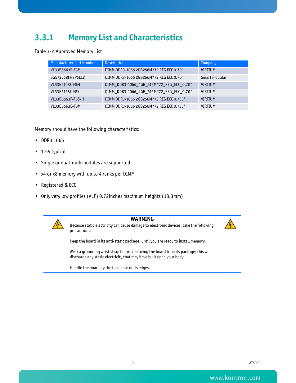 1 memory list and characteristics, Memory list and characteristics, Table 3-2 approved memory list | Kontron AT8050 User Manual | Page 48 / 165