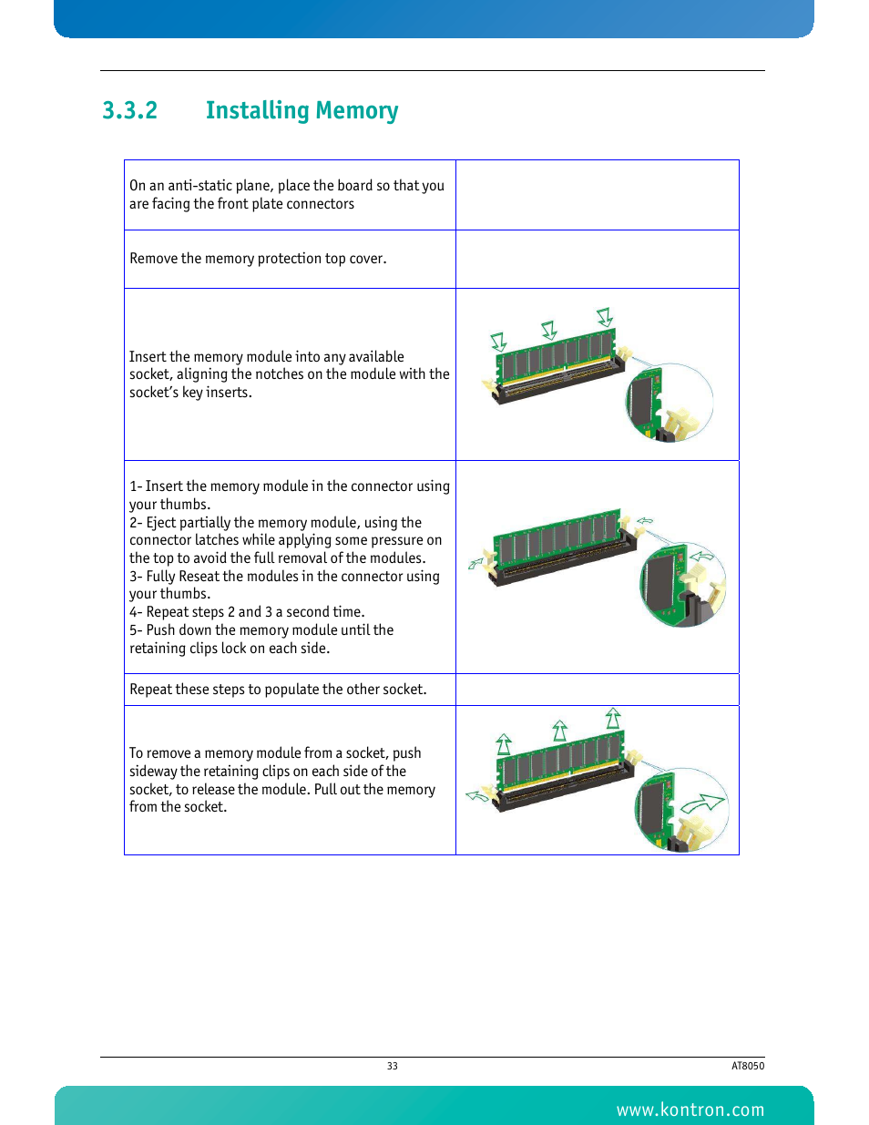 2 installing memory, Installing memory | Kontron AT8050 User Manual | Page 49 / 165