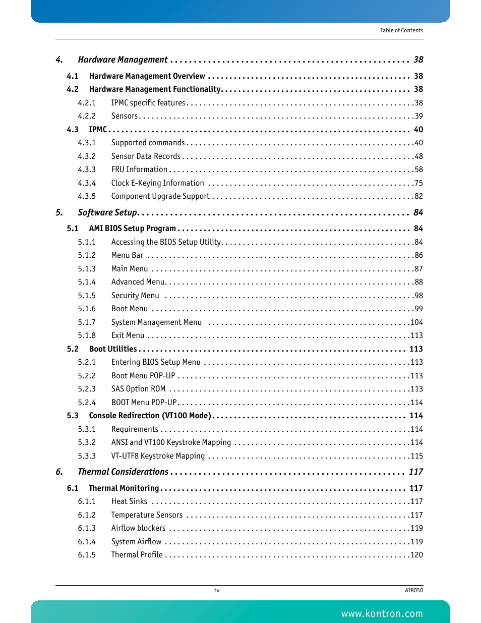 Hardware management 38, Software setup 84, Thermal considerations 117 | Kontron AT8050 User Manual | Page 5 / 165