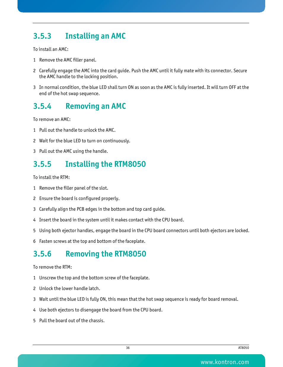 3 installing an amc, 4 removing an amc, 5 installing the rtm8050 | 6 removing the rtm8050, Installing an amc, Removing an amc, Installing the rtm8050, Removing the rtm8050 | Kontron AT8050 User Manual | Page 52 / 165