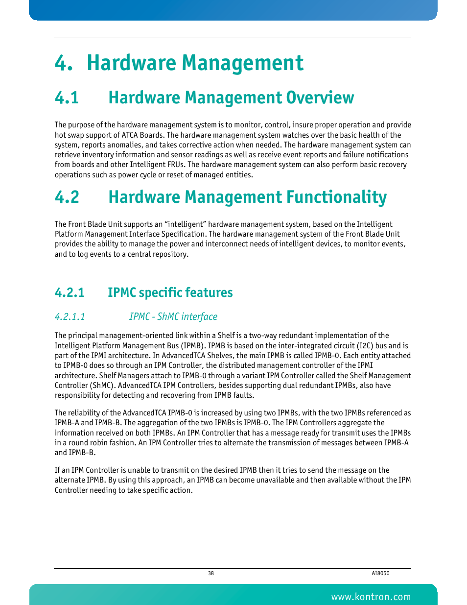 Hardware management, 1 hardware management overview, 2 hardware management functionality | 1 ipmc specific features, 1 ipmc - shmc interface, Ipmc specific features | Kontron AT8050 User Manual | Page 54 / 165