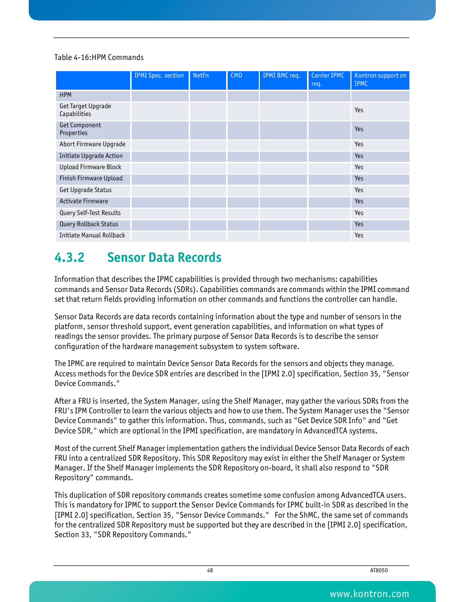 2 sensor data records, Sensor data records, Table 4-16 hpm commands | Kontron AT8050 User Manual | Page 64 / 165