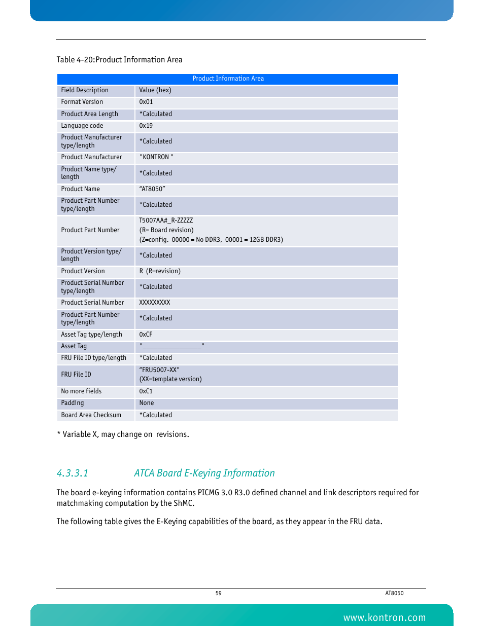 1 atca board e-keying information, Table 4-20 product information area | Kontron AT8050 User Manual | Page 75 / 165