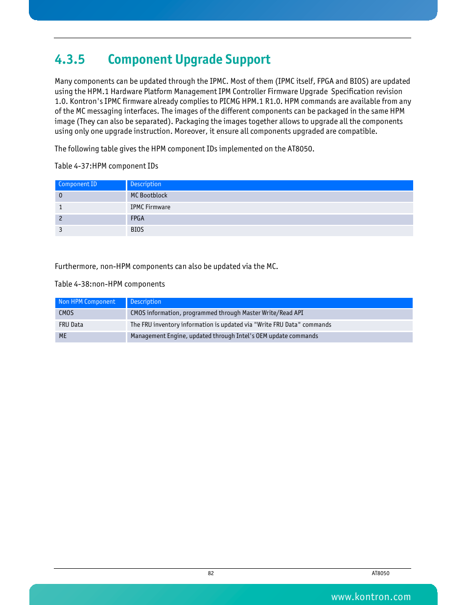 5 component upgrade support, Component upgrade support | Kontron AT8050 User Manual | Page 98 / 165