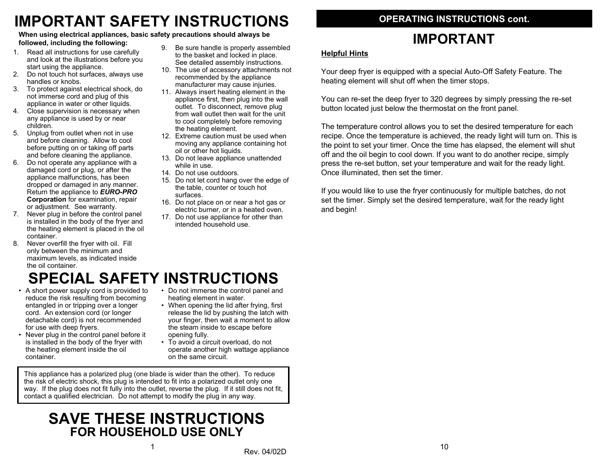 Important safety instructions, Special safety instructions, Save these instructions | Important, For household use only | Bravetti F1066 User Manual | Page 2 / 6