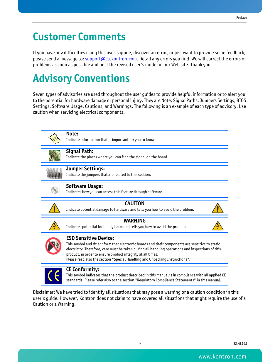 Customer comments, Advisory conventions | Kontron RTM8242 User Manual | Page 10 / 34