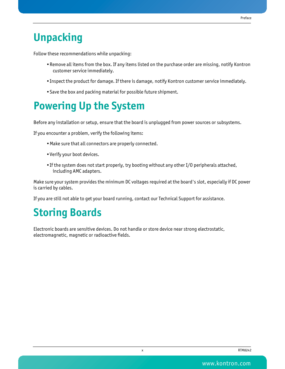 Unpacking, Powering up the system, Storing boards | Kontron RTM8242 User Manual | Page 11 / 34