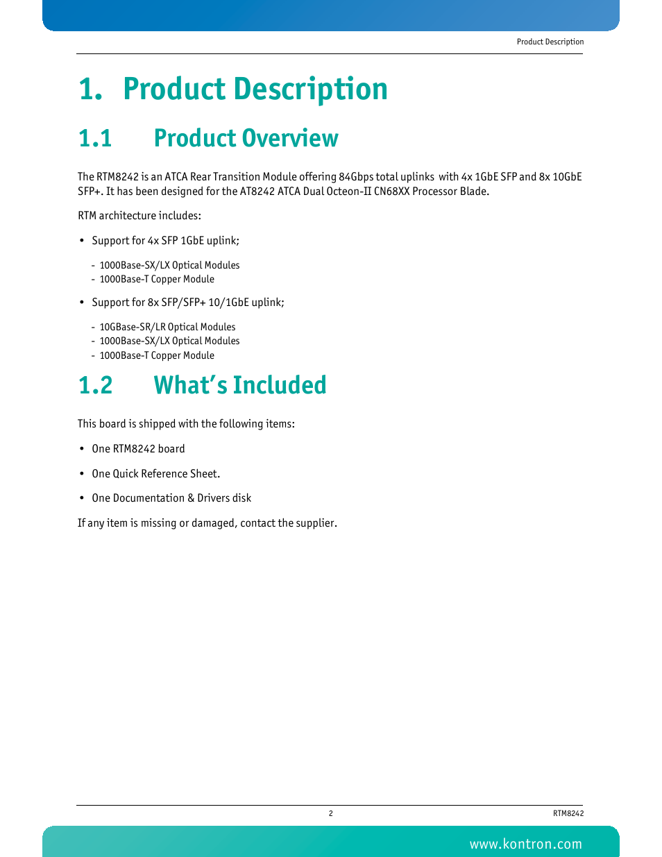 Product description, 1 product overview, 2 what’s included | 1 product overview 1.2 what’s included | Kontron RTM8242 User Manual | Page 15 / 34