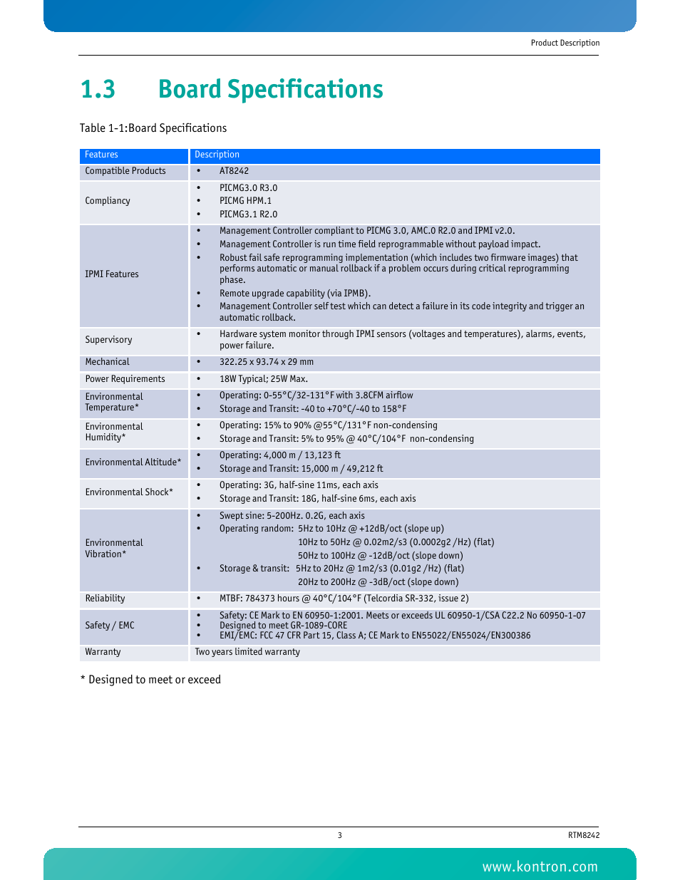 3 board specifications, Table 1-1 board specifications | Kontron RTM8242 User Manual | Page 16 / 34