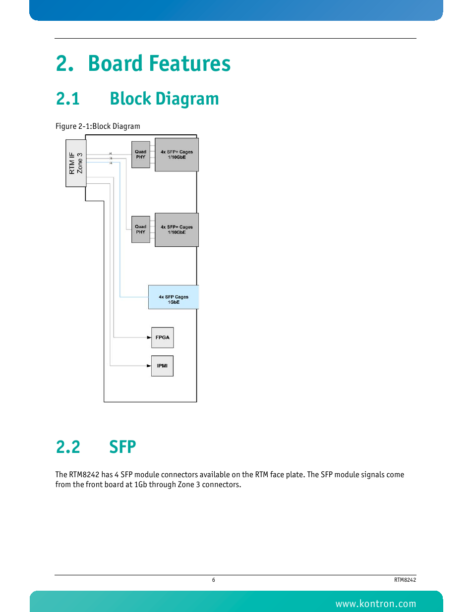 Board features, 1 block diagram, 2 sfp | 1 block diagram 2.2 sfp | Kontron RTM8242 User Manual | Page 19 / 34