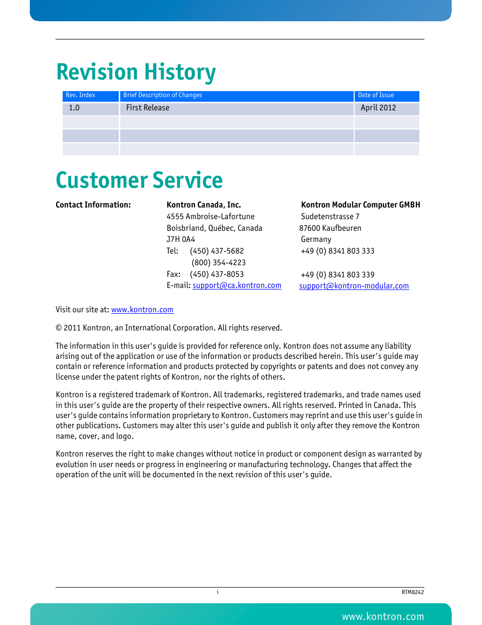 Revision history customer service | Kontron RTM8242 User Manual | Page 2 / 34