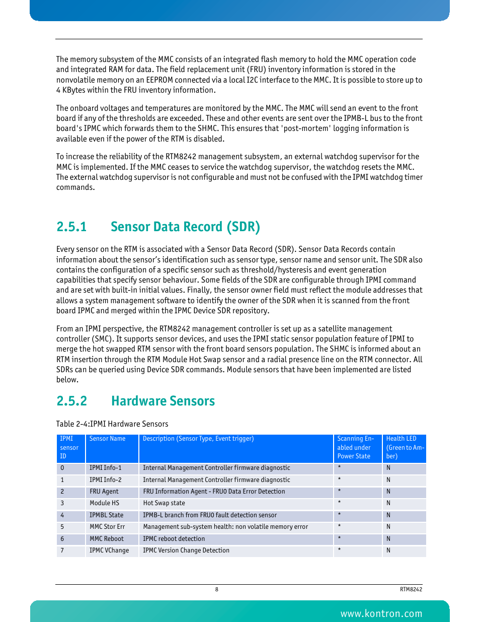 1 sensor data record (sdr), 2 hardware sensors, Sensor data record (sdr) | Hardware sensors, Table 2-4 ipmi hardware sensors | Kontron RTM8242 User Manual | Page 21 / 34